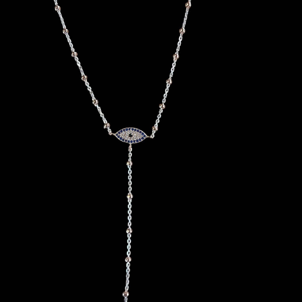 Evil Eye Necklace Y-Drop Lariat Silver-Tone Blue CZ Adjustable Chain Protection - Picture 5 of 8